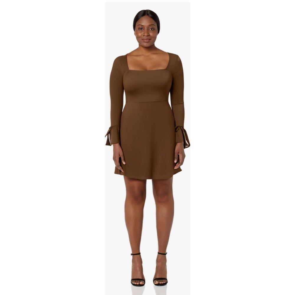 NEW Brown Square Neck Bodice Long Sleeve Side Slit A-Line Mini Dress M